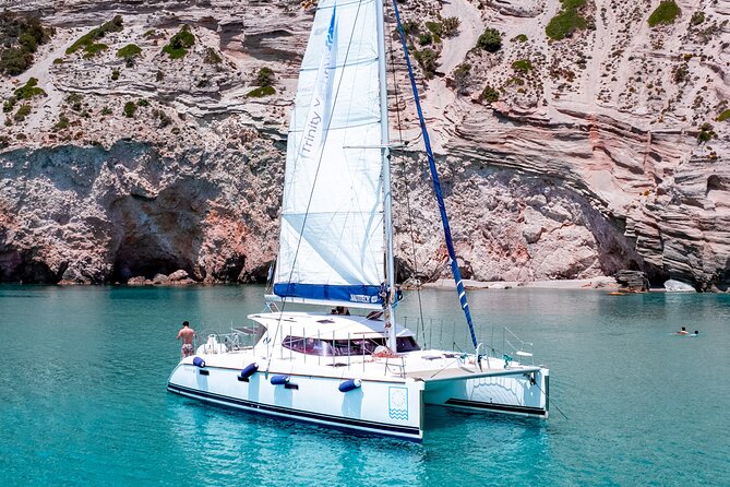 Catamaran Full-Day of Milos and Poliegos With Lunch & BBQ - Sykia cave: the tiny entrance and the inflatable-boat moment