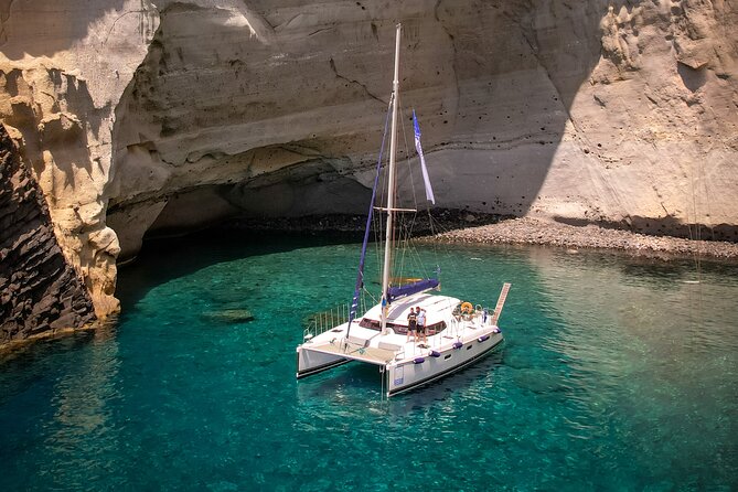 Catamaran Full-Day of Milos and Poliegos With Lunch & BBQ - Kleftiko Beach: pirate lore, volcanic rock, and top snorkeling conditions