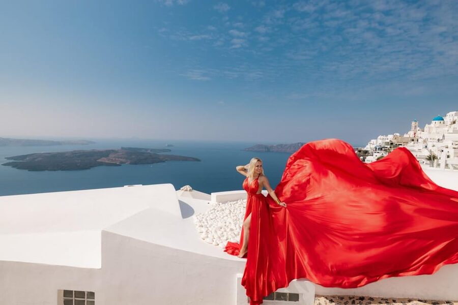 Flying dress Photoshoot in Santorini with Hotel Pickup - Picking your dress: 35 options, plus help so you do not overthink it