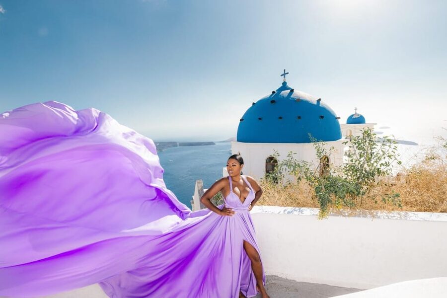 Flying dress Photoshoot in Santorini with Hotel Pickup - Live videos for socials, handled the same day