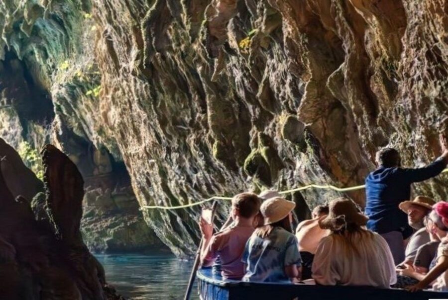 From Argostoli: Melissani Lake and Myrtos Beach Tour - Melissani Lake Rowboat Ride: Cave Light, Shared Boats, and Queue Reality