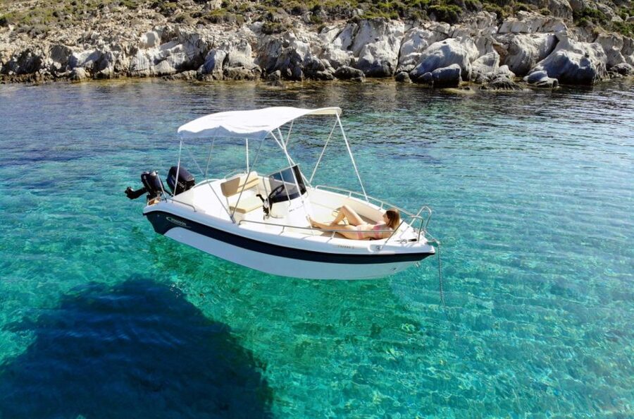 Kos: Private Speedboat Rental - No License Required - The boat experience: Blue Water 170, Bluetooth music, and comfort basics