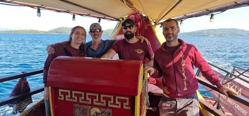 Nydri: Full-Day Wooden Boat Cruise with BBQ & Drinks - Skorpios views and a final swim before sailing back