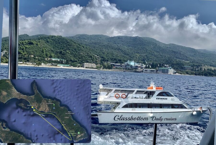 Ouranoupoli: Mount Athos Sightseeing Glass-Bottom Boat Tour - A glass-bottom way to see Mount Athos, from about 500 meters out