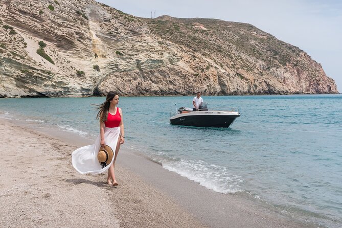 Private ELDORIS Boat Rental in Milos Agia Kiriaki GREECE - A Practical Route to Plan: Kleftiko, Caves, Sarakiniko, and Pollonia Area