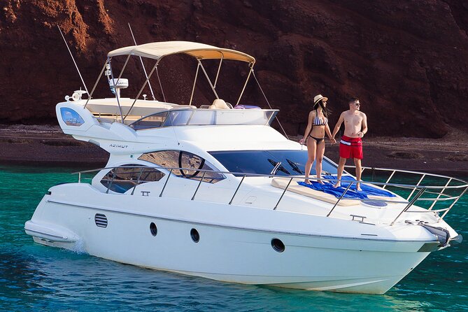 Private Motor Yacht Cruise with BBQ, Open Bar & Transfers - Nea Kameni snorkeling and Thirasia swim time