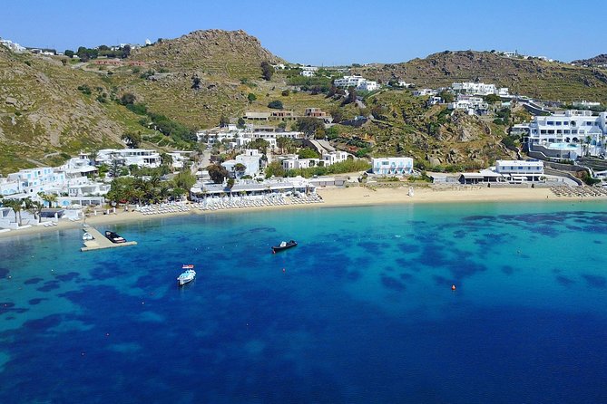 Private Speedboat Cruise from Delos to Rhenia and Mykonos - South Mykonos coastline: Psarou, Elia, and Kalo Livadi in photo-ready style