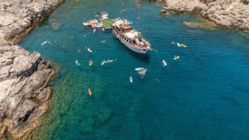 Rhodes: Gulet Trip with Food, Drinks, SUP, Kayak & Swimming - Ladiko Fun Island: The Longest Activity Block With SUP and Kayaks