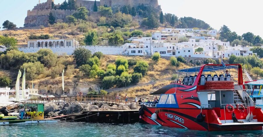 Rhodes: High Speed Boat Trip to Lindos - Leaving Mandraki Harbour: the east-coast cruise you can actually enjoy