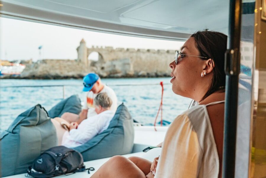 Rhodes: Sunset Catamaran Cruise with Dinner Buffet & Drinks - Dinner buffet at sea: Greek salads, tzatziki, and filling comfort