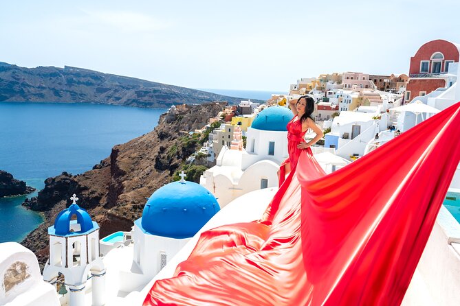 Santorini 2h Private Flying Dress Photoshoot with Transportation - Flying Dress Photos in Santorini, Without the Usual Hassle