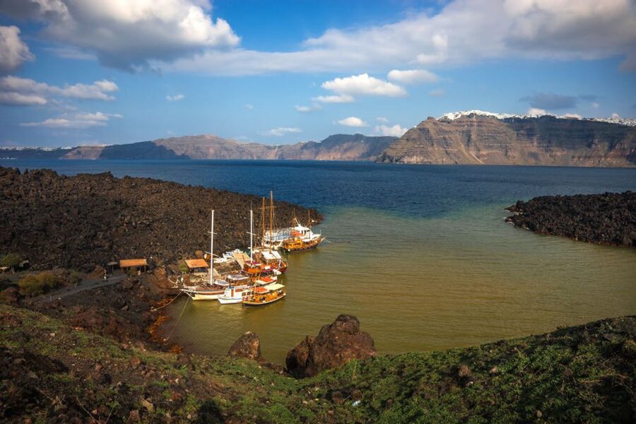 Santorini Caldera: Sunset Cruise with Dinner - Palea Kameni Thermal Springs: Swim Time in Sulfur Water