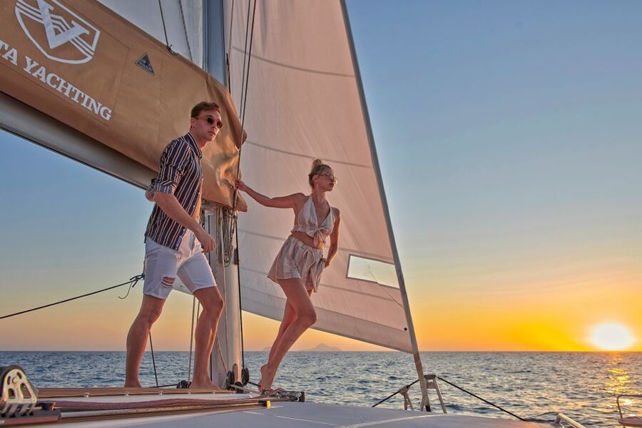 Santorini Gold Catamaran Cruise with Snorkel, BBQ & Open Bar - White Beach and Venetian Lighthouse Views, Without the Grind