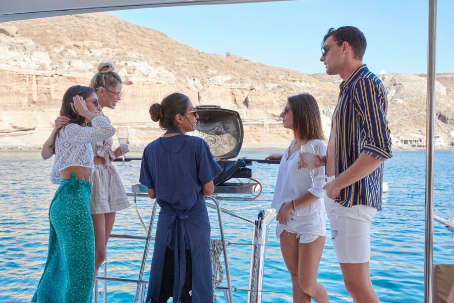 Santorini Gold Catamaran Cruise with Snorkel, BBQ & Open Bar - Mesa Pigadia Beach, BBQ Lunch, and Dessert That Actually Lands