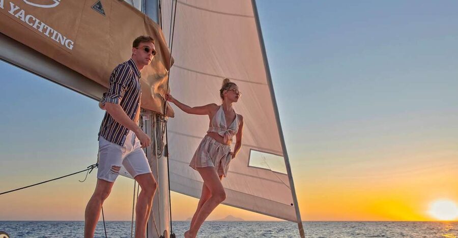Santorini Gold Catamaran Cruise with Snorkel, BBQ & Open Bar - Vlychada Marina, Pickup, and the Easy Start
