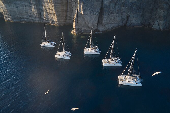 Santorini: Luxury Catamaran Cruise with Fresh Fish BBQ & Drinks - Nea Kameni and the Caldera: Swimming, Snorkeling, and Sulfur Springs Thinking